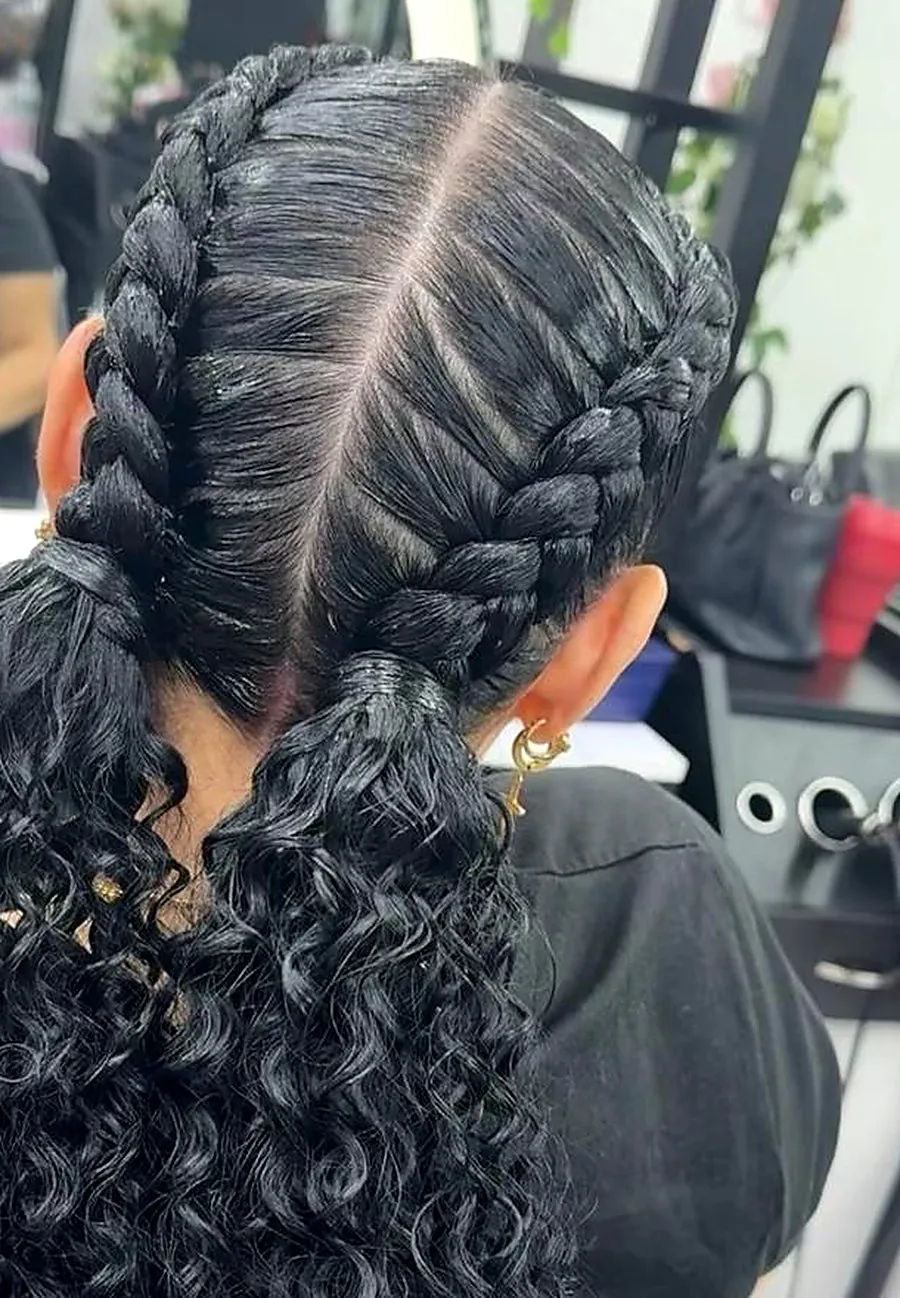 Two Dutch braids with curly ponytails at Alexa's Dominican Salon